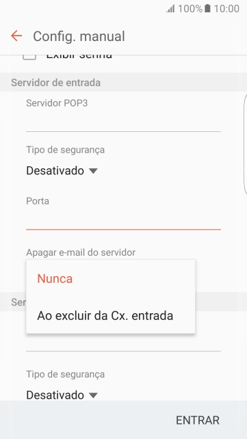 Pressione Nunca para manter os e-mails no servidor, quando você apagá-los do celular. Pressione Nunca para manter os e-mails no servidor, quando você apagá-los do celular.