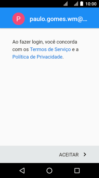 Pressione ACEITAR, e siga as indicações da tela para selecionar as configurações da sua conta Google. Pressione ACEITAR, e siga as indicações da tela para selecionar as configurações da sua conta Google.