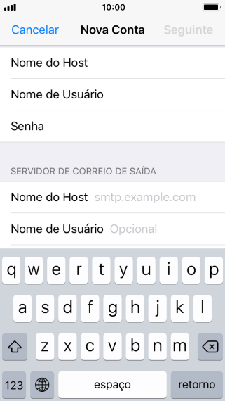 Pressione Nome do Host, e insira o nome do servidor de saída do seu provedor de e-mails. Pressione Nome do Host, e insira o nome do servidor de saída do seu provedor de e-mails.