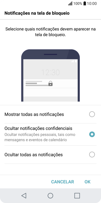 Repita o código de bloqueio do celular selecionado, e pressione a configuração desejada. Repita o código de bloqueio do celular selecionado, e pressione a configuração desejada.