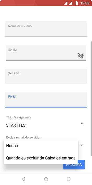 Pressione Nunca para manter os e-mails no servidor, quando você apagá-los do celular. Pressione Nunca para manter os e-mails no servidor, quando você apagá-los do celular.