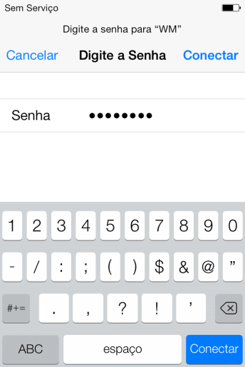 Digite a senha da sua conta da rede Wi-Fi, e pressione Conectar. Digite a senha da sua conta da rede Wi-Fi, e pressione Conectar.
