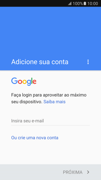 Se você não tiver uma conta Google, deve pressionar Ou crie uma nova conta, e seguir as instruções da tela para instalar uma conta. Se você não tiver uma conta Google, deve pressionar Ou crie uma nova conta, e seguir as instruções da tela para instalar uma conta.