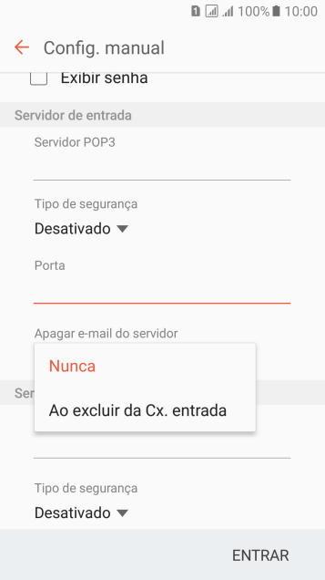 Pressione Nunca para manter os e-mails no servidor, quando você apagá-los do celular. Pressione Nunca para manter os e-mails no servidor, quando você apagá-los do celular.