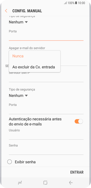 Pressione Nunca para manter os e-mails no servidor, quando você apagá-los do celular. Pressione Nunca para manter os e-mails no servidor, quando você apagá-los do celular.