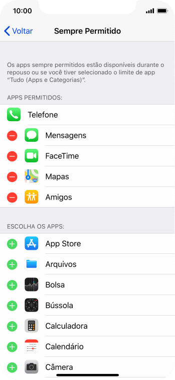 Pressione o ícone de excluir ao lado do app desejado para retirá-lo da lista de apps permitidos no Repouso. Pressione o ícone de excluir ao lado do app desejado para retirá-lo da lista de apps permitidos no Repouso.