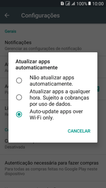 Para desativar a atualização automática de apps, você deve pressionar Não atualizar apps automaticamente.. Para desativar a atualização automática de apps, você deve pressionar Não atualizar apps automaticamente..