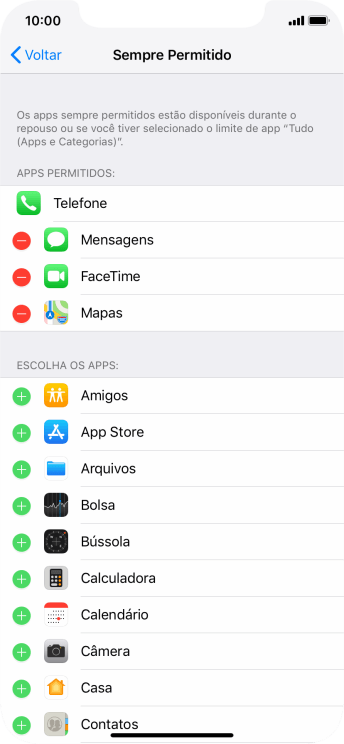 Pressione o ícone de adicionar ao lado do app desejado para adicioná-lo à lista de apps permitidos no Repouso. Pressione o ícone de adicionar ao lado do app desejado para adicioná-lo à lista de apps permitidos no Repouso.