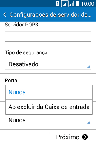 Pressione Nunca para manter os e-mails no servidor, quando você apagá-los do celular. Pressione Nunca para manter os e-mails no servidor, quando você apagá-los do celular.