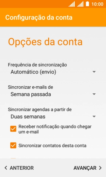 Se a tela mostrar essa imagem, sua conta foi reconhecida e configurada automaticamente. Siga as instruções da tela para inserir mais informações e finalizar a configuração. Se a tela mostrar essa imagem, sua conta foi reconhecida e configurada automaticamente. Siga as instruções da tela para inserir mais informações e finalizar a configuração.