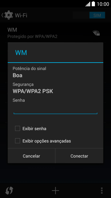 Digite a senha da sua conta da rede Wi-Fi, e pressione Conectar. Digite a senha da sua conta da rede Wi-Fi, e pressione Conectar.