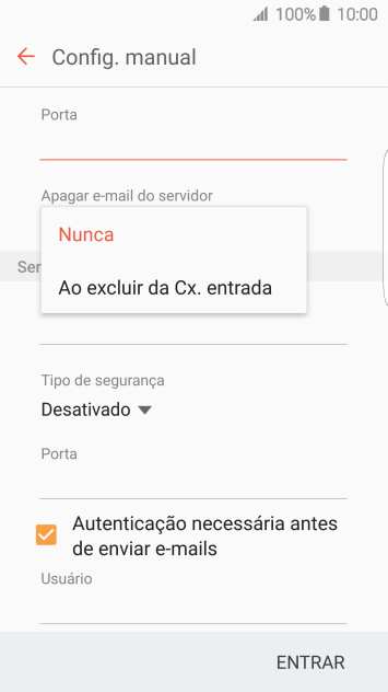 Pressione Nunca para manter os e-mails no servidor, quando você apagá-los do celular. Pressione Nunca para manter os e-mails no servidor, quando você apagá-los do celular.