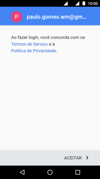 Pressione ACEITAR, e siga as indicações da tela para selecionar as configurações da sua conta Google. Pressione ACEITAR, e siga as indicações da tela para selecionar as configurações da sua conta Google.