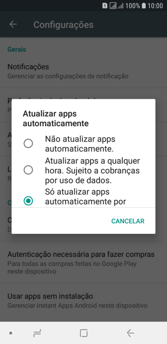 Para desativar a atualização automática de apps, você deve pressionar Não atualizar apps automaticamente.. Para desativar a atualização automática de apps, você deve pressionar Não atualizar apps automaticamente..