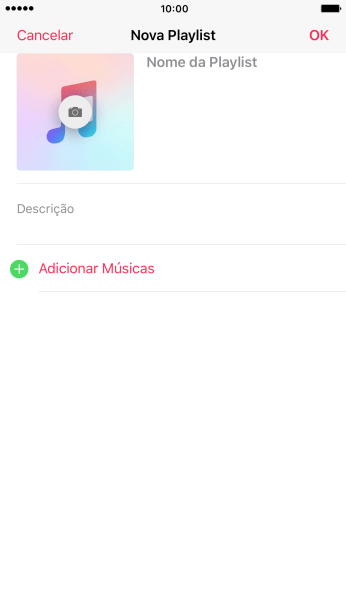 Pressione o campo de escrever, e digite o nome da lista de reprodução. Pressione o campo de escrever, e digite o nome da lista de reprodução.