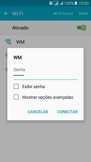 Digite a senha da sua conta da rede Wi-Fi, e pressione CONECTAR. Digite a senha da sua conta da rede Wi-Fi, e pressione CONECTAR.