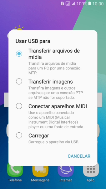 Pressione Transferir arquivos de mídia para ativar a função. Pressione Transferir arquivos de mídia para ativar a função.