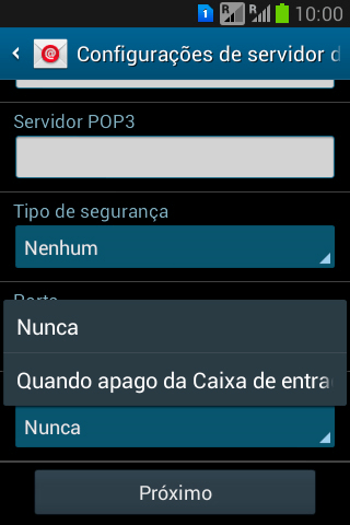 Pressione Nunca para manter os e-mails no servidor, quando você apagá-los do celular. Pressione Nunca para manter os e-mails no servidor, quando você apagá-los do celular.