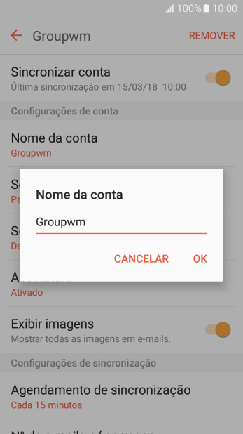 Digite o nome da conta de e-mail, e pressione OK. Digite o nome da conta de e-mail, e pressione OK.