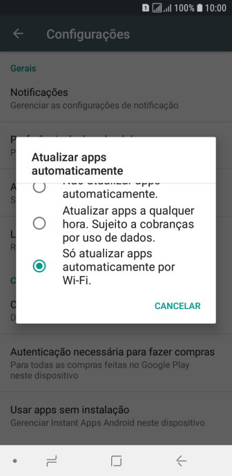 Para ativar a atualização automática de apps via Wi-Fi, você deve pressionar Só atualizar apps automaticamente por Wi-Fi.. Para ativar a atualização automática de apps via Wi-Fi, você deve pressionar Só atualizar apps automaticamente por Wi-Fi..