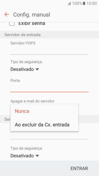Pressione Nunca para manter os e-mails no servidor, quando você apagá-los do celular. Pressione Nunca para manter os e-mails no servidor, quando você apagá-los do celular.