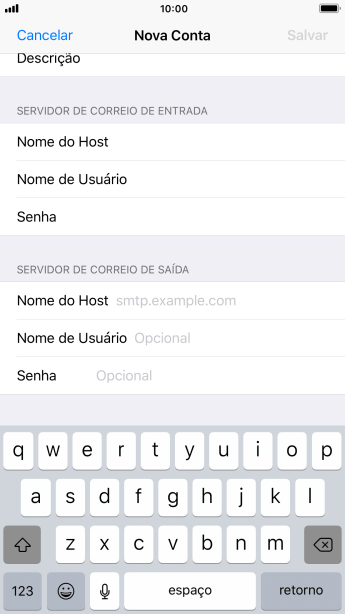 Pressione Nome do Host, e insira o nome do servidor de saída do seu provedor de e-mails. Pressione Nome do Host, e insira o nome do servidor de saída do seu provedor de e-mails.