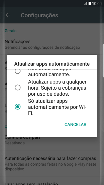 Para ativar a atualização automática de apps via rede celular, você deve pressionar Atualizar apps a qualquer hora. Sujeito a cobranças por uso de datos.. Para ativar a atualização automática de apps via rede celular, você deve pressionar Atualizar apps a qualquer hora. Sujeito a cobranças por uso de datos..