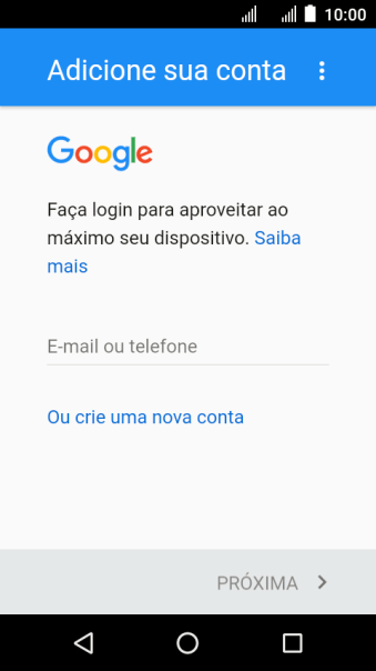Se você não tiver uma conta Google, deve pressionar Ou crie uma nova conta, e seguir as instruções da tela para instalar uma conta. Se você não tiver uma conta Google, deve pressionar Ou crie uma nova conta, e seguir as instruções da tela para instalar uma conta.
