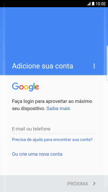 Se você não tiver uma conta Google, deve pressionar Ou crie uma nova conta, e seguir as instruções da tela para instalar uma conta. Se você não tiver uma conta Google, deve pressionar Ou crie uma nova conta, e seguir as instruções da tela para instalar uma conta.