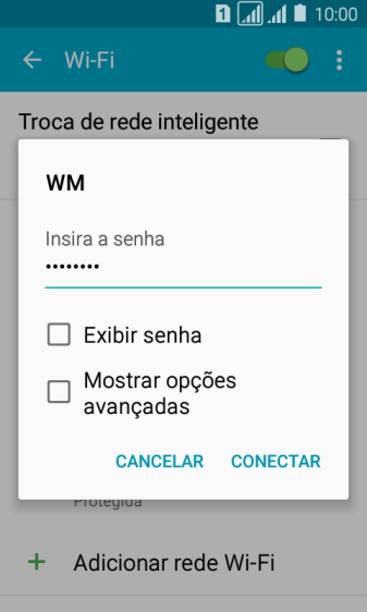 Digite a senha da sua conta da rede Wi-Fi, e pressione CONECTAR. Digite a senha da sua conta da rede Wi-Fi, e pressione CONECTAR.