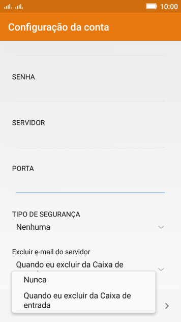 Pressione Nunca para manter os e-mails no servidor, quando você apagá-los do celular. Pressione Nunca para manter os e-mails no servidor, quando você apagá-los do celular.