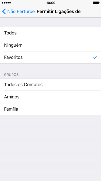 Pressione a configuração desejada para selecionar quais contatos podem ligar para você quando o Não Perturbe estiver ativado. Pressione a configuração desejada para selecionar quais contatos podem ligar para você quando o Não Perturbe estiver ativado.