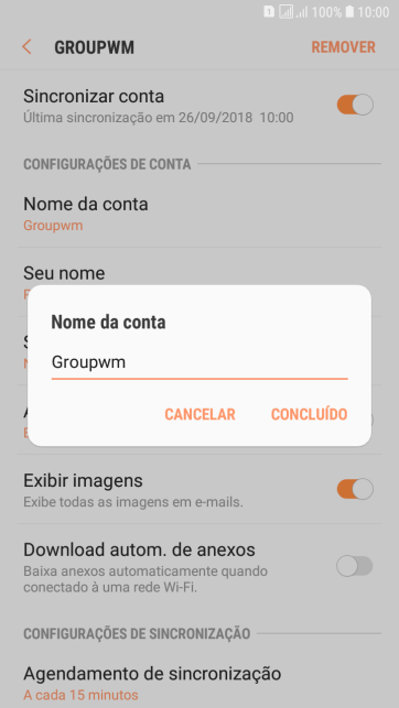 Digite o nome da conta de e-mail, e pressione CONCLUÍDO. Digite o nome da conta de e-mail, e pressione CONCLUÍDO.