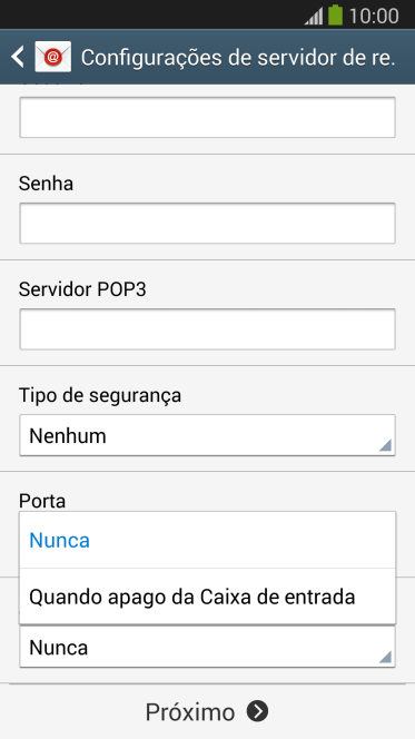Pressione Nunca para manter os e-mails no servidor, quando você apagá-los do celular. Pressione Nunca para manter os e-mails no servidor, quando você apagá-los do celular.