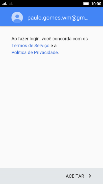 Pressione ACEITAR, e siga as indicações da tela para selecionar as configurações da sua conta Google. Pressione ACEITAR, e siga as indicações da tela para selecionar as configurações da sua conta Google.