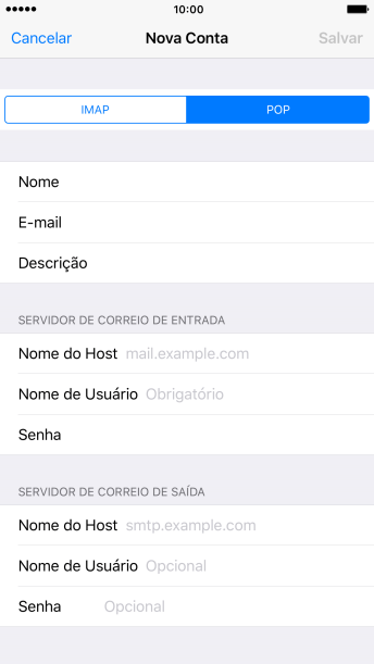Pressione Nome do Host, e insira o nome do servidor de entrada do seu provedor de e-mails. Pressione Nome do Host, e insira o nome do servidor de entrada do seu provedor de e-mails.