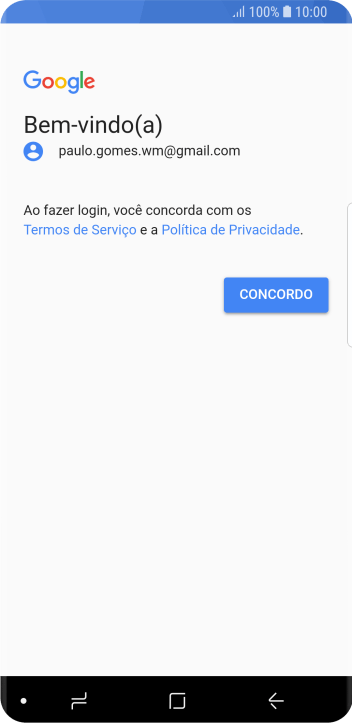 Pressione CONCORDO, e siga as indicações da tela para selecionar as configurações da sua conta Google. Pressione CONCORDO, e siga as indicações da tela para selecionar as configurações da sua conta Google.