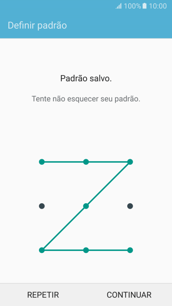 Mova os dedos na tela para conectar pelo menos quatro pontos, e pressione CONTINUAR. Mova os dedos na tela para conectar pelo menos quatro pontos, e pressione CONTINUAR.