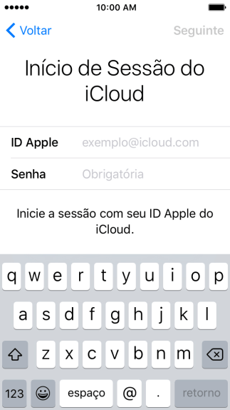 Pressione exemplo@icloud.com, e digite o nome de usuário do seu ID Apple. Pressione exemplo@icloud.com, e digite o nome de usuário do seu ID Apple.