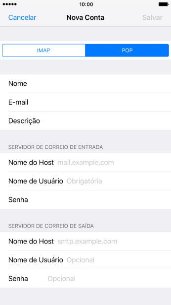 Pressione Nome do Host, e insira o nome do servidor de entrada do seu provedor de e-mails. Pressione Nome do Host, e insira o nome do servidor de entrada do seu provedor de e-mails.