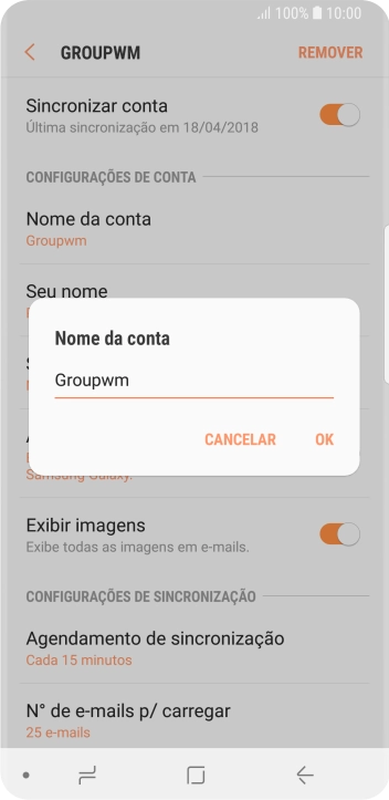 Digite o nome da conta de e-mail, e pressione OK. Digite o nome da conta de e-mail, e pressione OK.