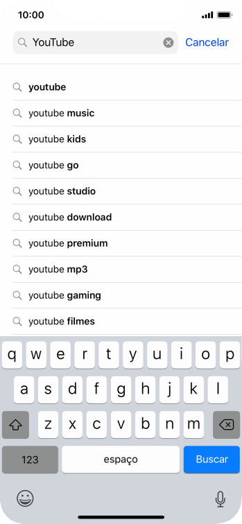 Digite YouTube, e pressione Buscar. Digite YouTube, e pressione Buscar.