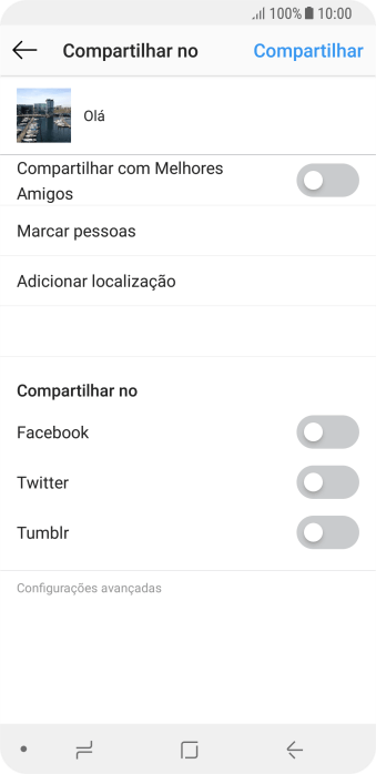 Digite o texto desejado, e pressione Compartilhar. Digite o texto desejado, e pressione Compartilhar.