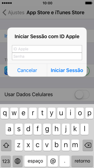 Pressione ID Apple, e digite o nome de usuário do seu ID Apple. Pressione ID Apple, e digite o nome de usuário do seu ID Apple.