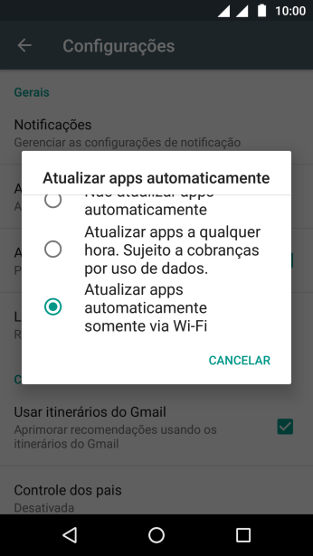 Pressione Atualizar apps automaticamente somente via Wi-Fi para ativar a função. Pressione Atualizar apps automaticamente somente via Wi-Fi para ativar a função.