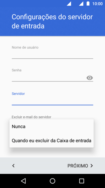 Pressione Nunca para manter os e-mails no servidor, quando você apagá-los do celular. Pressione Nunca para manter os e-mails no servidor, quando você apagá-los do celular.