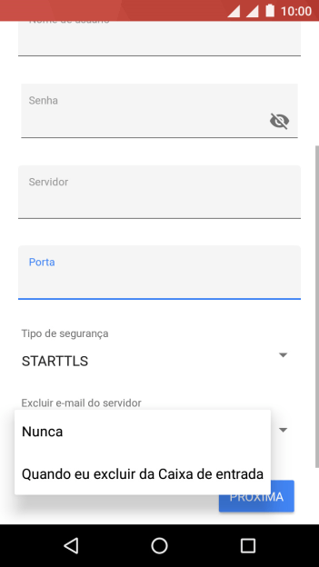 Pressione Nunca para manter os e-mails no servidor, quando você apagá-los do celular. Pressione Nunca para manter os e-mails no servidor, quando você apagá-los do celular.