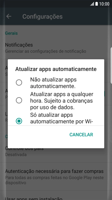 Para desativar a atualização automática de apps, você deve pressionar Não atualizar apps automaticamente.. Para desativar a atualização automática de apps, você deve pressionar Não atualizar apps automaticamente..