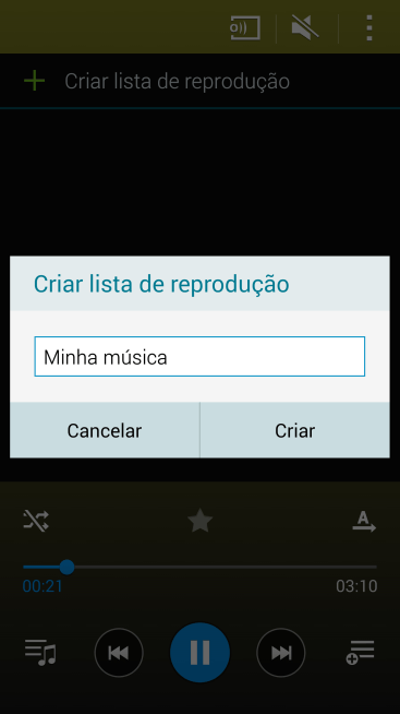 Digite o nome da lista de reprodução, e pressione Criar. Digite o nome da lista de reprodução, e pressione Criar.