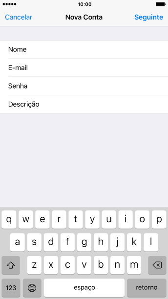 Pressione Descrição, e digite o nome da sua conta e-mail. Pressione Descrição, e digite o nome da sua conta e-mail.